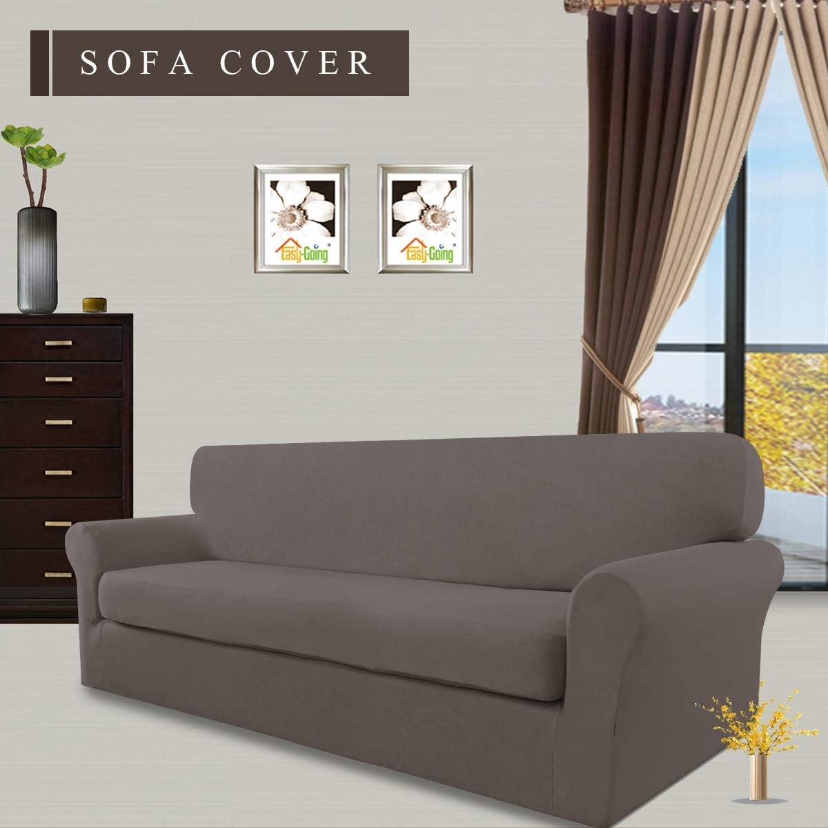 image:imageEasyGoing 2 Pieces Microfiber Stretch Sofa Slipcover Spandex Soft Fitted Sofa Couch Cover Washable Furniture Protector with Elastic Bottom KidsPet Oversized Sofa Light GrayTaupe