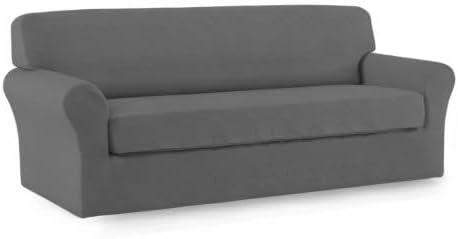 image:imageEasyGoing 2 Pieces Microfiber Stretch Sofa Slipcover Spandex Soft Fitted Sofa Couch Cover Washable Furniture Protector with Elastic Bottom KidsPet Oversized Sofa Light GrayGrey