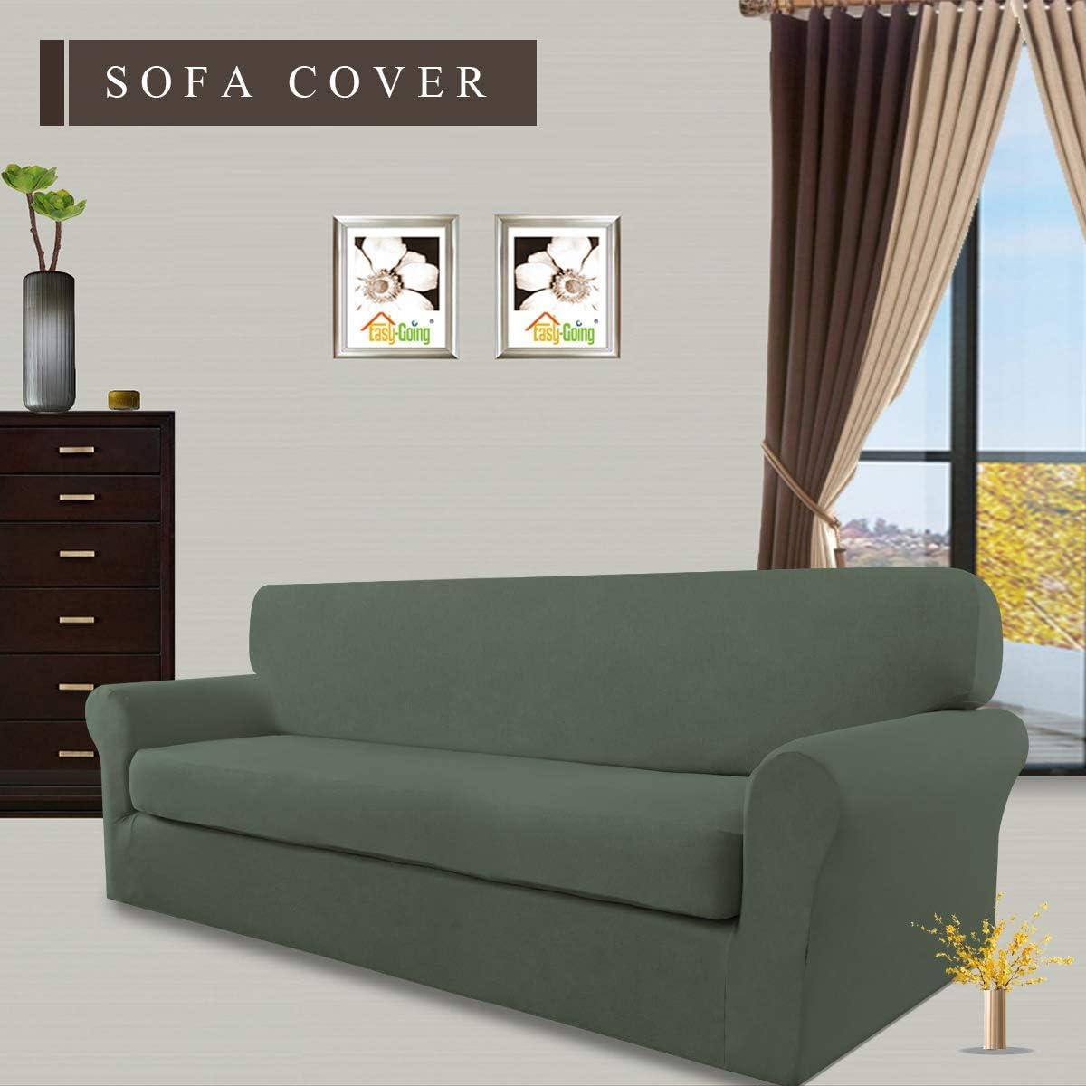 image:imageEasyGoing 2 Pieces Microfiber Stretch Sofa Slipcover Spandex Soft Fitted Sofa Couch Cover Washable Furniture Protector with Elastic Bottom KidsPet Oversized Sofa Light GrayGreyishgreen