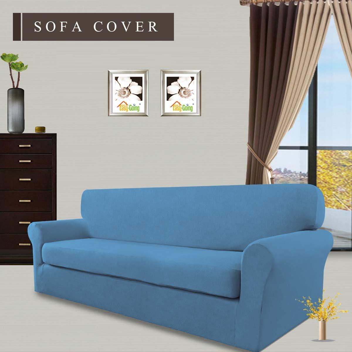 image:imageEasyGoing 2 Pieces Microfiber Stretch Sofa Slipcover Spandex Soft Fitted Sofa Couch Cover Washable Furniture Protector with Elastic Bottom KidsPet Oversized Sofa Light GrayLightblue