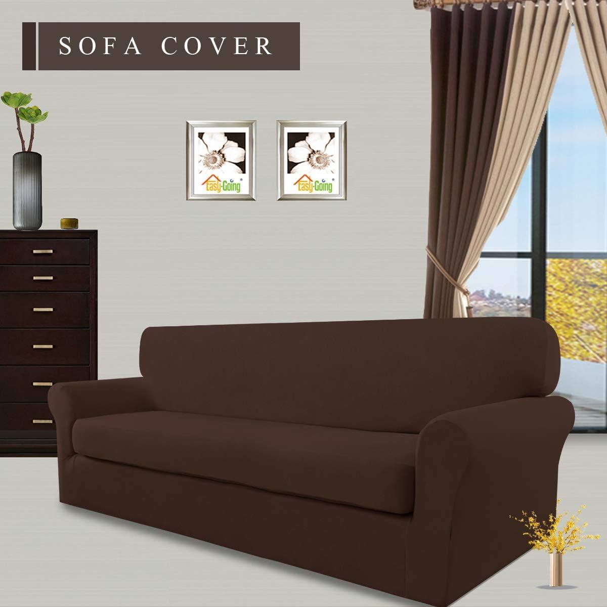 image:imageEasyGoing 2 Pieces Microfiber Stretch Sofa Slipcover Spandex Soft Fitted Sofa Couch Cover Washable Furniture Protector with Elastic Bottom KidsPet Oversized Sofa Light GrayCoffee