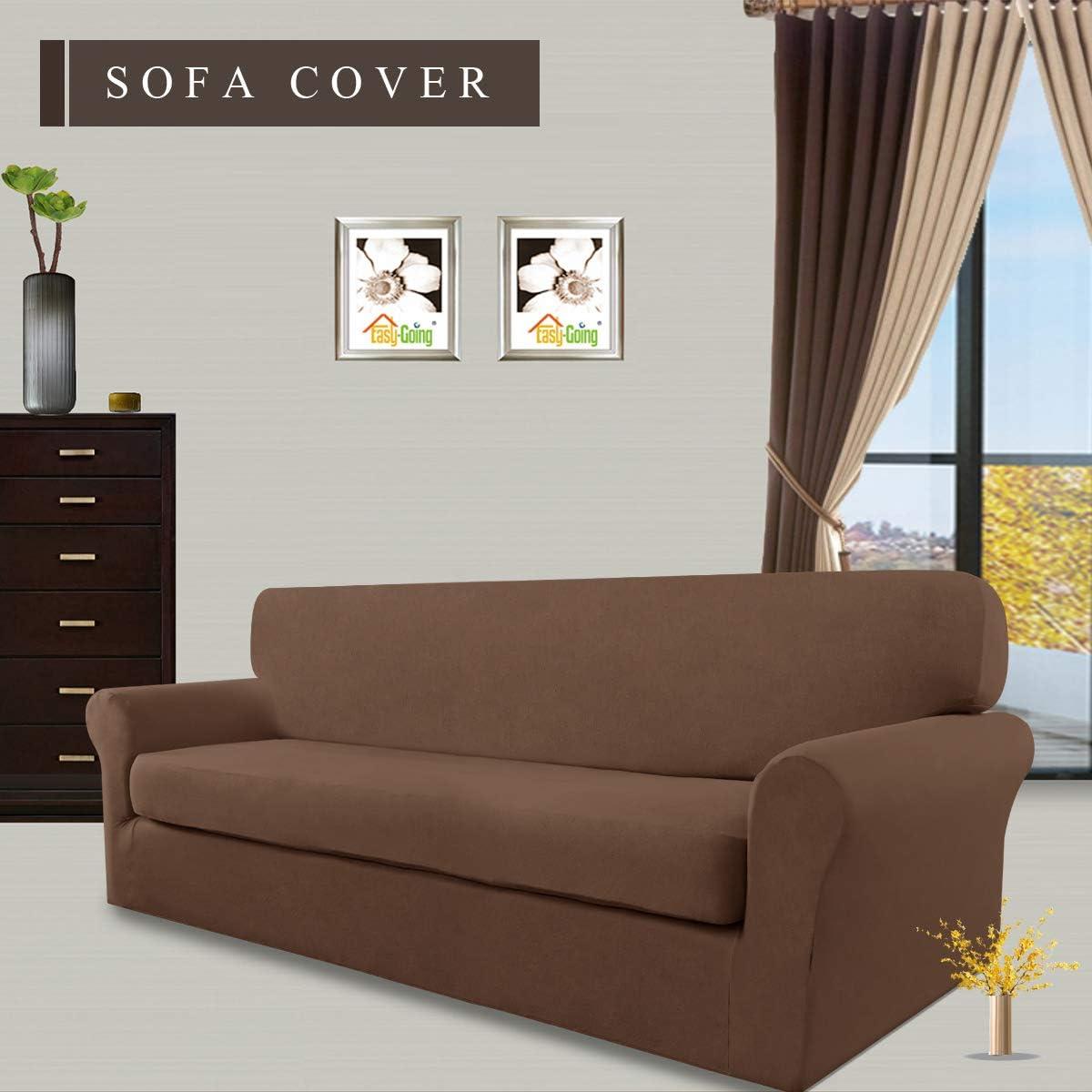 image:imageEasyGoing 2 Pieces Microfiber Stretch Sofa Slipcover Spandex Soft Fitted Sofa Couch Cover Washable Furniture Protector with Elastic Bottom KidsPet Oversized Sofa Light GrayBrown