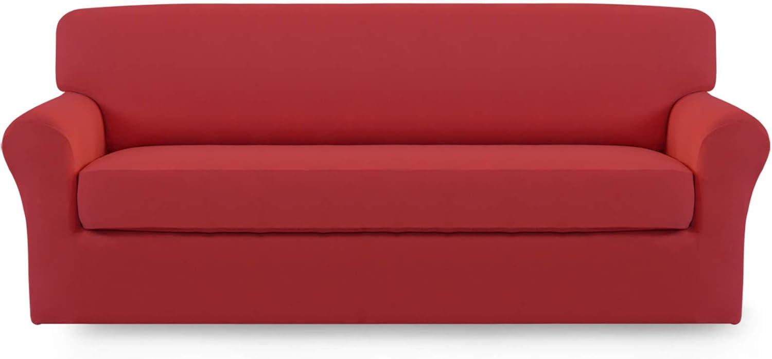 image:imageEasyGoing 2 Pieces Microfiber Stretch Sofa Slipcover Spandex Soft Fitted Sofa Couch Cover Washable Furniture Protector with Elastic Bottom KidsPet Oversized Sofa Light GrayChristmasred