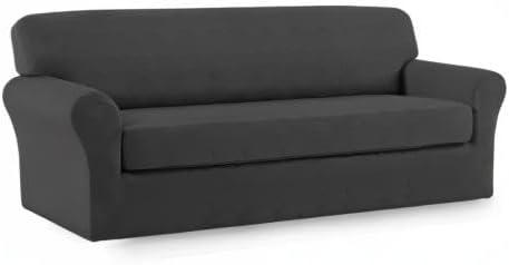 image:imageEasyGoing 2 Pieces Microfiber Stretch Sofa Slipcover Spandex Soft Fitted Sofa Couch Cover Washable Furniture Protector with Elastic Bottom KidsPet Oversized Sofa Light GrayDark Gray