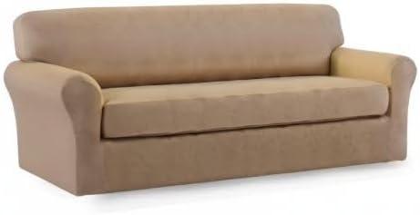 image:imageEasyGoing 2 Pieces Microfiber Stretch Sofa Slipcover Spandex Soft Fitted Sofa Couch Cover Washable Furniture Protector with Elastic Bottom KidsPet Oversized Sofa Dark GrayCamel