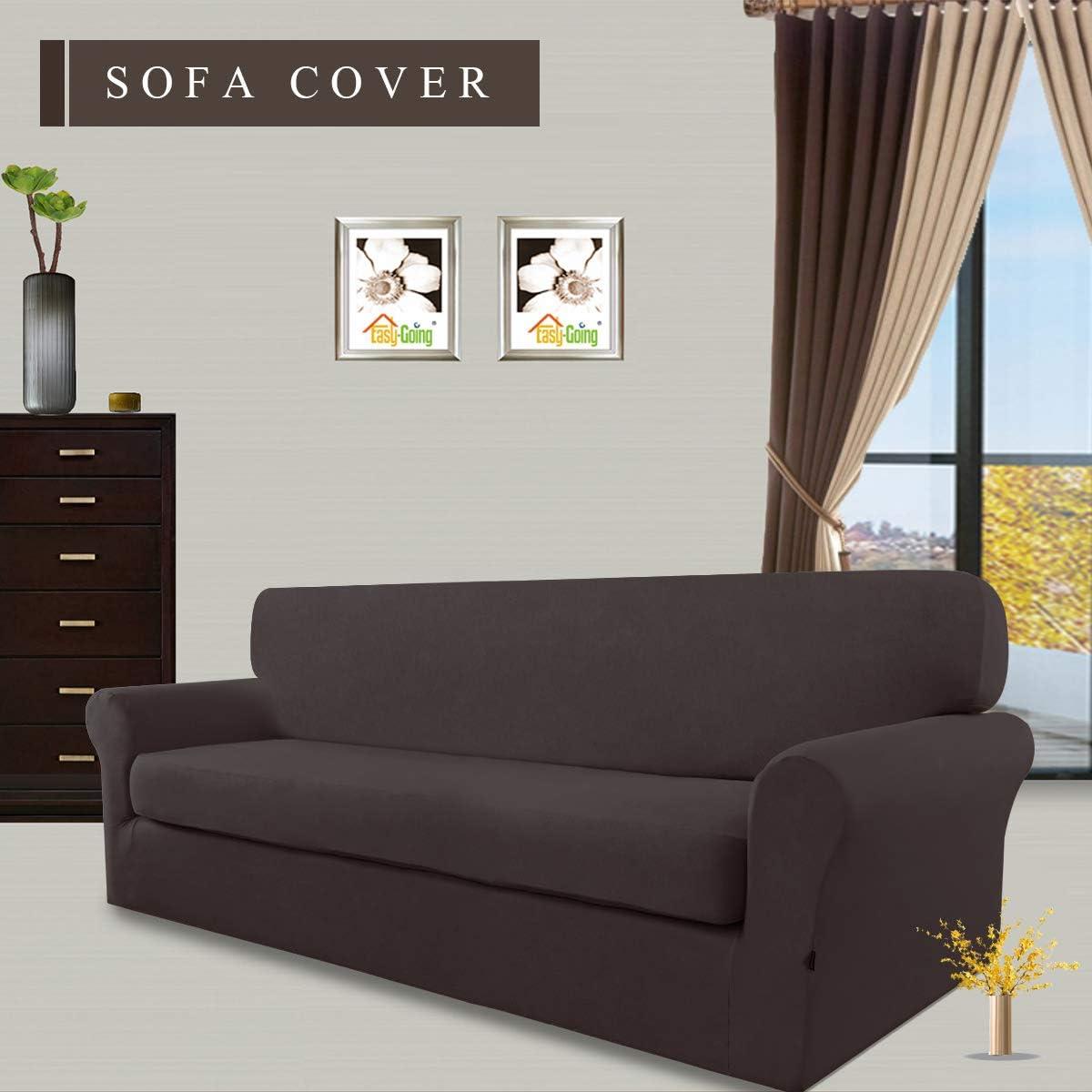 image:imageEasyGoing 2 Pieces Microfiber Stretch Sofa Slipcover Spandex Soft Fitted Sofa Couch Cover Washable Furniture Protector with Elastic Bottom KidsPet Oversized Sofa Light GrayChocolate