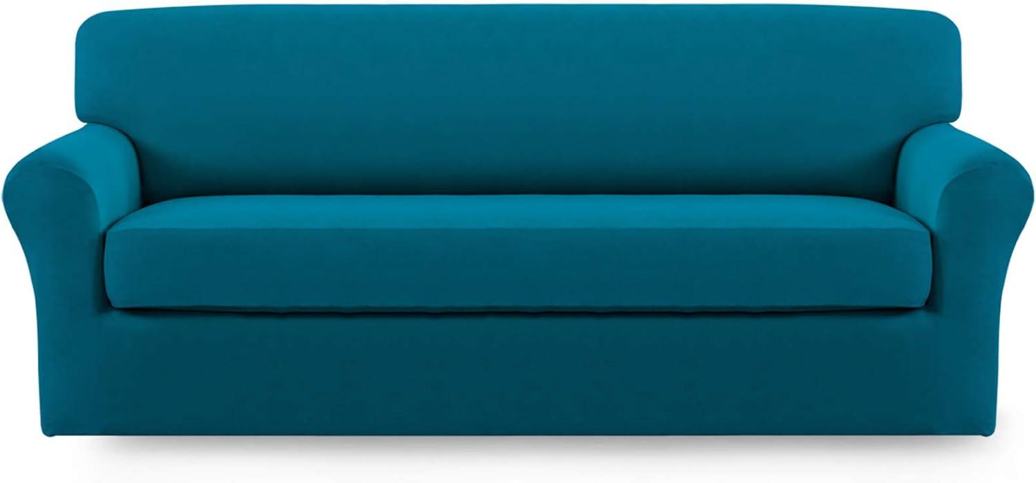 image:imageEasyGoing 2 Pieces Microfiber Stretch Sofa Slipcover Spandex Soft Fitted Sofa Couch Cover Washable Furniture Protector with Elastic Bottom KidsPet Oversized Sofa Dark GrayPeacockblue