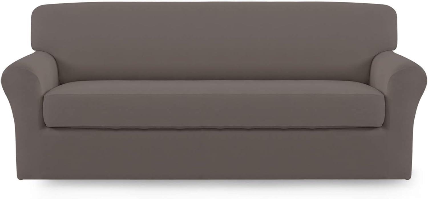 image:imageEasyGoing 2 Pieces Microfiber Stretch Sofa Slipcover Spandex Soft Fitted Sofa Couch Cover Washable Furniture Protector with Elastic Bottom KidsPet Oversized Sofa Light GrayTaupe