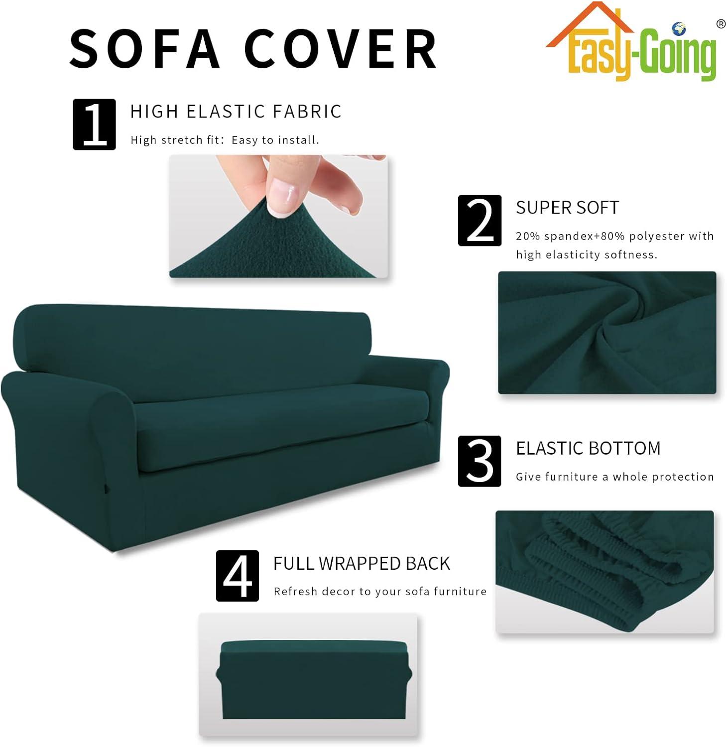 image:imageEasyGoing 2 Pieces Microfiber Stretch Sofa Slipcover Spandex Soft Fitted Sofa Couch Cover Washable Furniture Protector with Elastic Bottom KidsPet Oversized Sofa Light GrayDeepteal