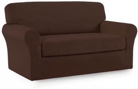 image:imageEasyGoing 2 Pieces Microfiber Stretch Sofa Slipcover Spandex Soft Fitted Sofa Couch Cover Washable Furniture Protector with Elastic Bottom KidsPet Oversized Sofa Dark GrayCoffee