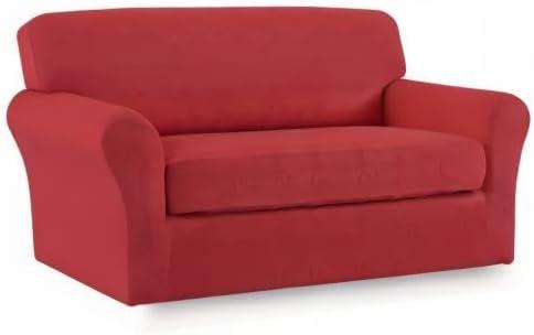 image:imageEasyGoing 2 Pieces Microfiber Stretch Sofa Slipcover Spandex Soft Fitted Sofa Couch Cover Washable Furniture Protector with Elastic Bottom KidsPet Oversized Sofa Light GrayChristmasred