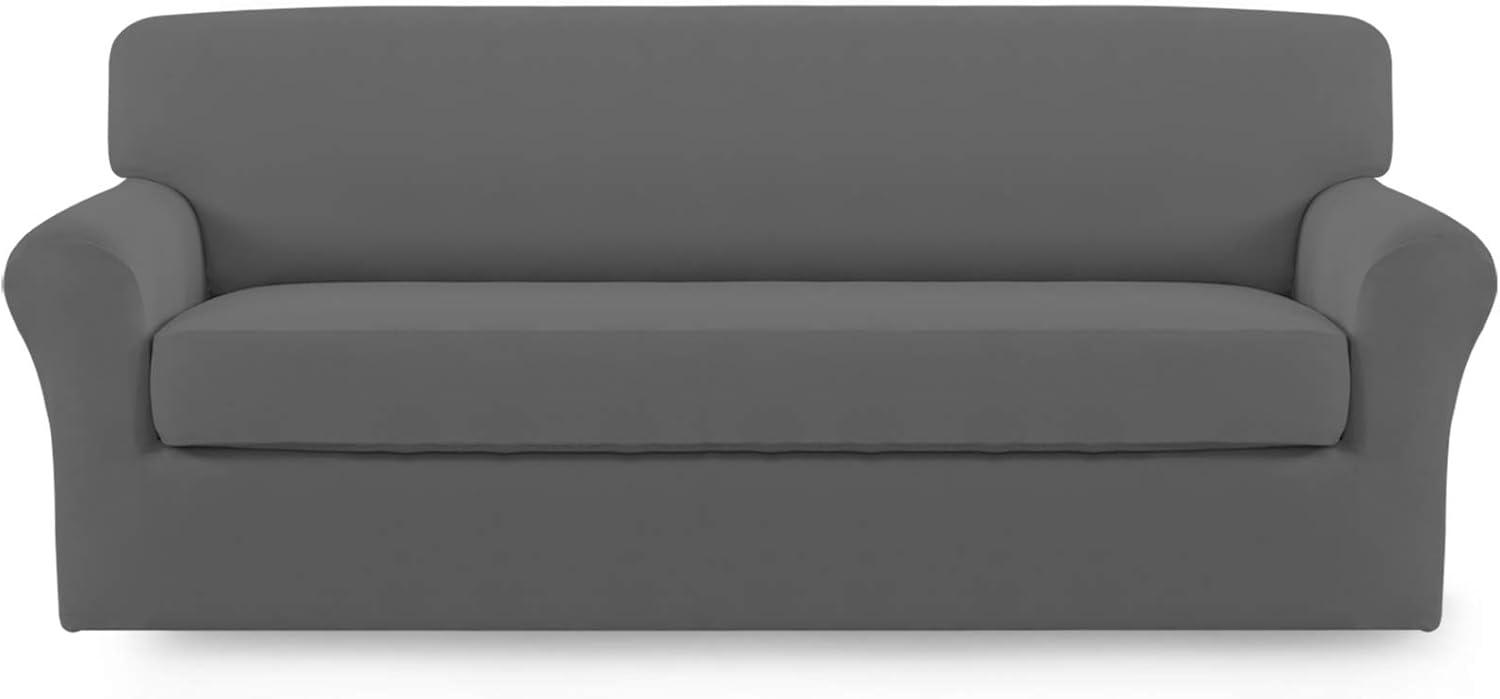 image:imageEasyGoing 2 Pieces Microfiber Stretch Sofa Slipcover Spandex Soft Fitted Sofa Couch Cover Washable Furniture Protector with Elastic Bottom KidsPet Oversized Sofa Light GrayGrey