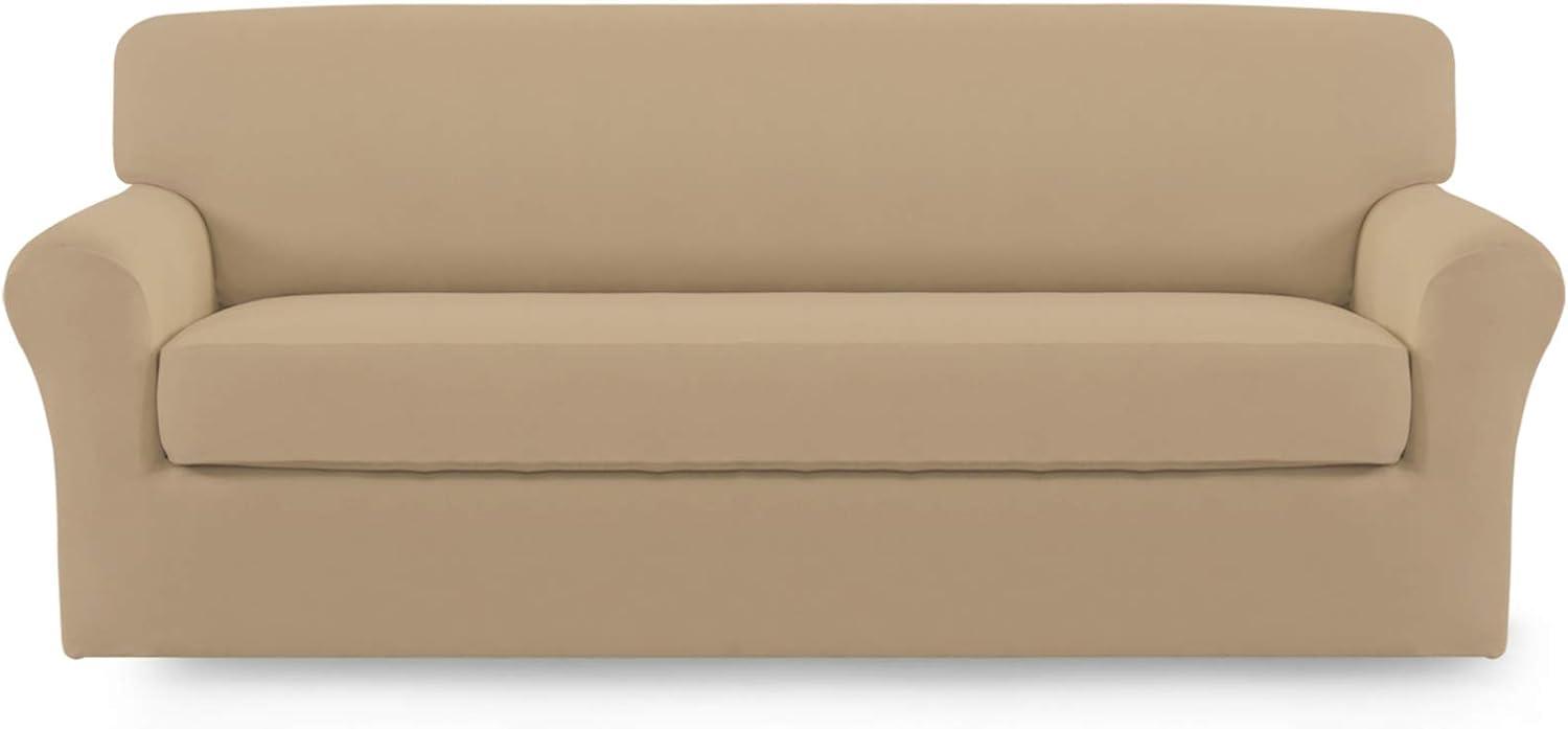 image:imageEasyGoing 2 Pieces Microfiber Stretch Sofa Slipcover Spandex Soft Fitted Sofa Couch Cover Washable Furniture Protector with Elastic Bottom KidsPet Oversized Sofa Light GrayPaleyellow