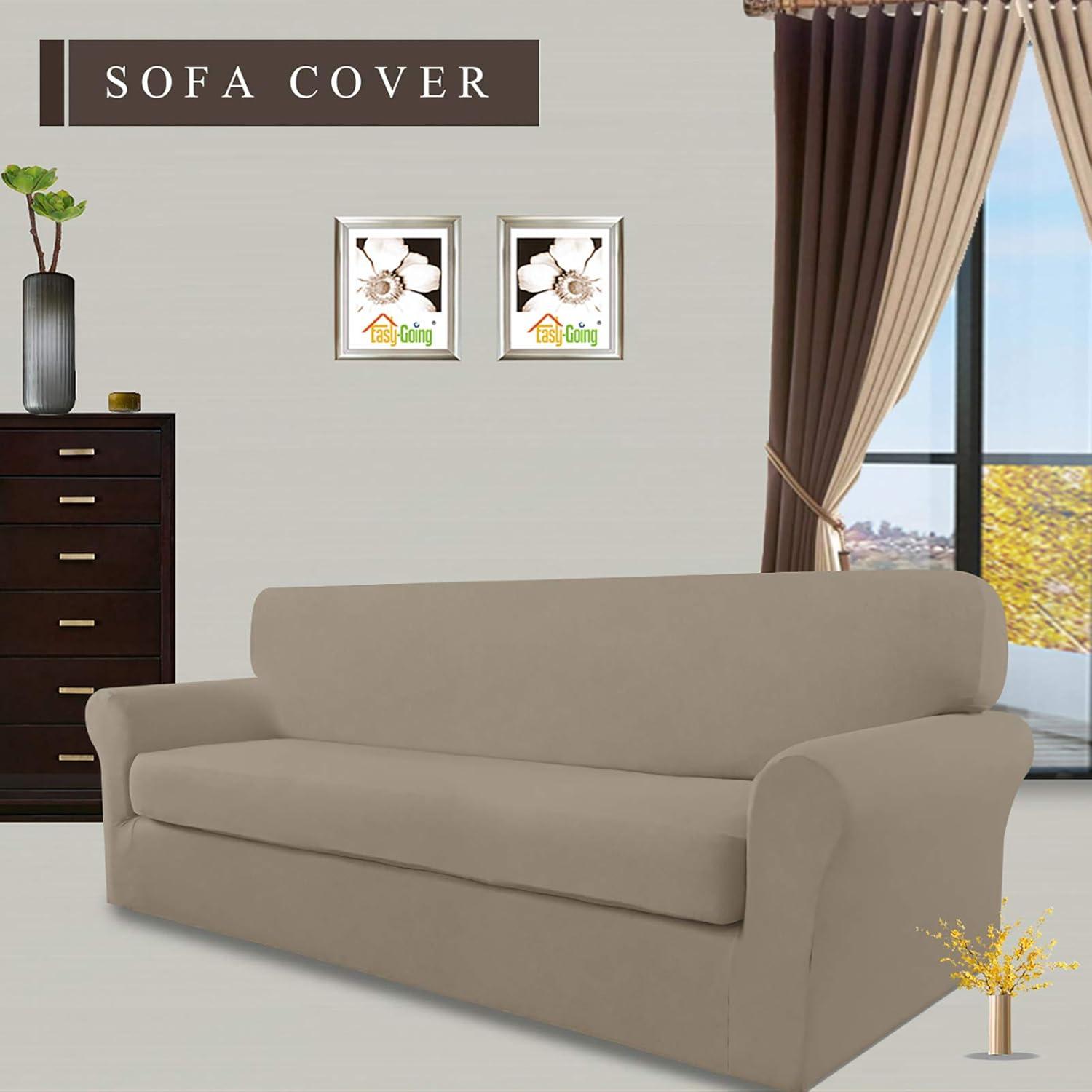 image:imageEasyGoing 2 Pieces Microfiber Stretch Sofa Slipcover Spandex Soft Fitted Sofa Couch Cover Washable Furniture Protector with Elastic Bottom KidsPet Oversized Sofa Light GrayNatural