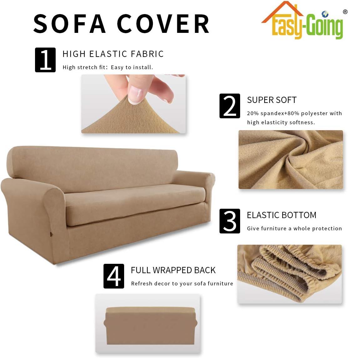 image:imageEasyGoing 2 Pieces Microfiber Stretch Sofa Slipcover Spandex Soft Fitted Sofa Couch Cover Washable Furniture Protector with Elastic Bottom KidsPet Oversized Sofa Dark GrayCamel