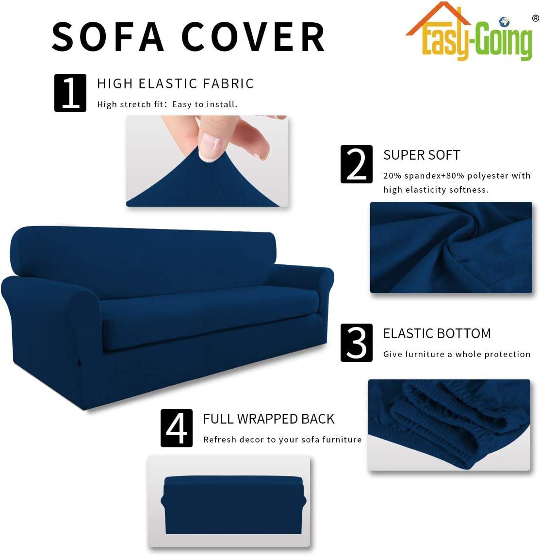 image:imageEasyGoing 2 Pieces Microfiber Stretch Sofa Slipcover Spandex Soft Fitted Sofa Couch Cover Washable Furniture Protector with Elastic Bottom KidsPet Oversized Sofa Dark GrayNavy