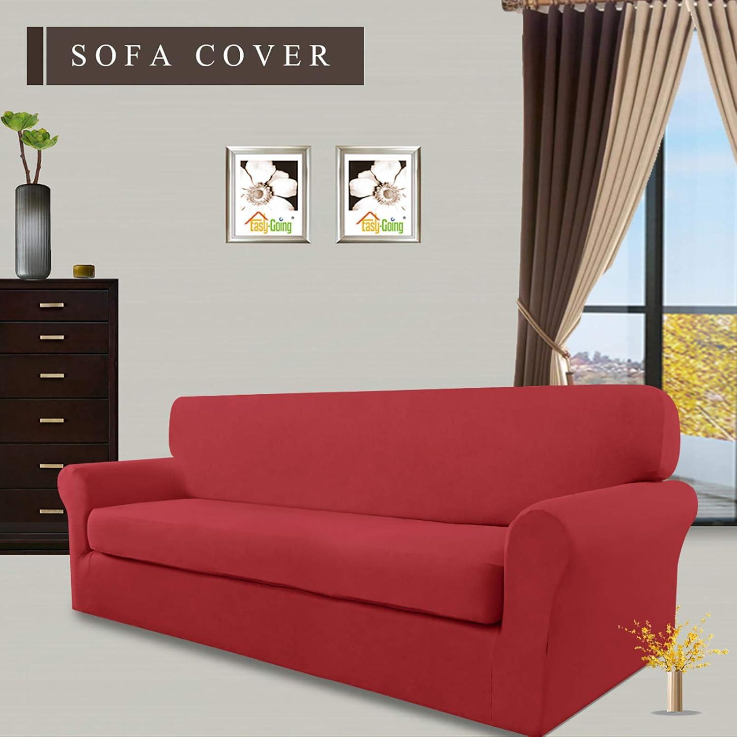 image:imageEasyGoing 2 Pieces Microfiber Stretch Sofa Slipcover Spandex Soft Fitted Sofa Couch Cover Washable Furniture Protector with Elastic Bottom KidsPet Oversized Sofa Light GrayChristmasred