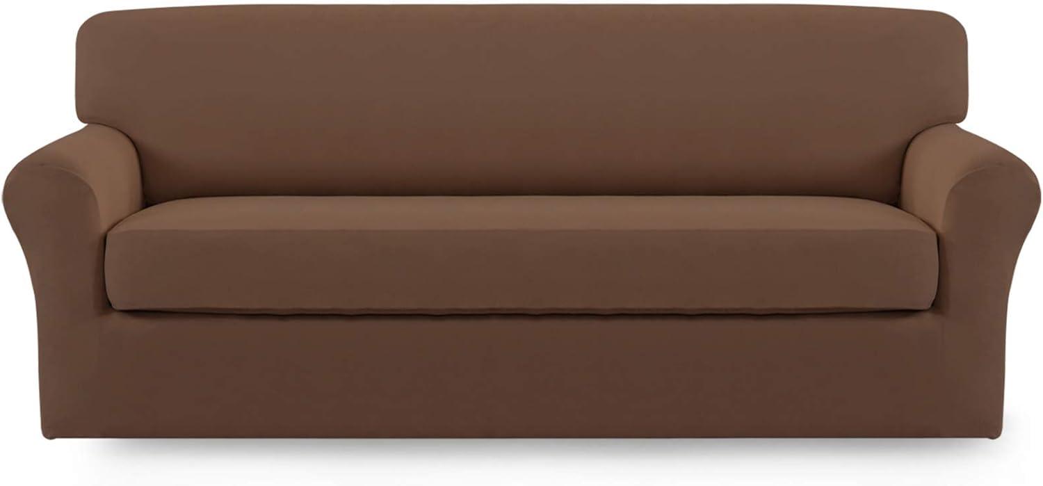 image:imageEasyGoing 2 Pieces Microfiber Stretch Sofa Slipcover Spandex Soft Fitted Sofa Couch Cover Washable Furniture Protector with Elastic Bottom KidsPet Oversized Sofa Dark GrayBrown