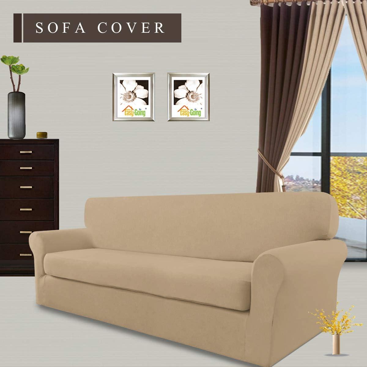 image:imageEasyGoing 2 Pieces Microfiber Stretch Sofa Slipcover Spandex Soft Fitted Sofa Couch Cover Washable Furniture Protector with Elastic Bottom KidsPet Oversized Sofa Dark GrayPaleyellow
