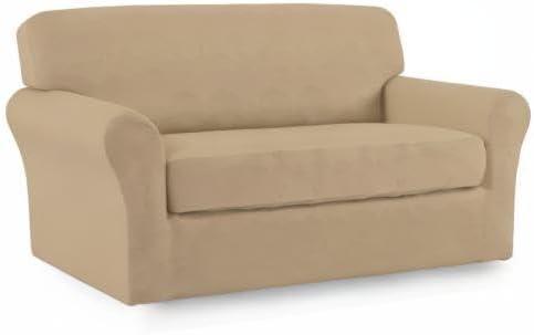 image:imageEasyGoing 2 Pieces Microfiber Stretch Sofa Slipcover Spandex Soft Fitted Sofa Couch Cover Washable Furniture Protector with Elastic Bottom KidsPet Oversized Sofa Dark GrayPaleyellow