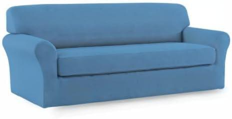 image:imageEasyGoing 2 Pieces Microfiber Stretch Sofa Slipcover Spandex Soft Fitted Sofa Couch Cover Washable Furniture Protector with Elastic Bottom KidsPet Oversized Sofa Dark GrayLightblue
