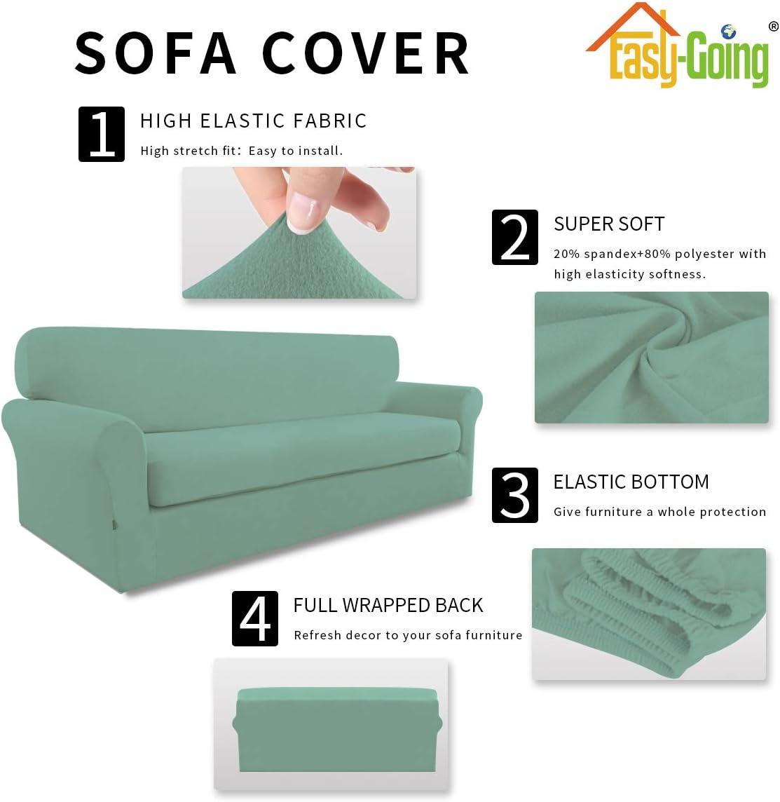 image:imageEasyGoing 2 Pieces Microfiber Stretch Sofa Slipcover Spandex Soft Fitted Sofa Couch Cover Washable Furniture Protector with Elastic Bottom KidsPet Oversized Sofa Light GrayCyan