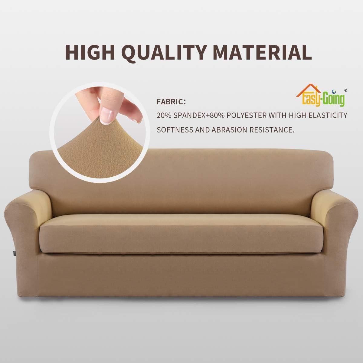 image:imageEasyGoing 2 Pieces Microfiber Stretch Sofa Slipcover Spandex Soft Fitted Sofa Couch Cover Washable Furniture Protector with Elastic Bottom KidsPet Oversized Sofa Dark GrayCamel