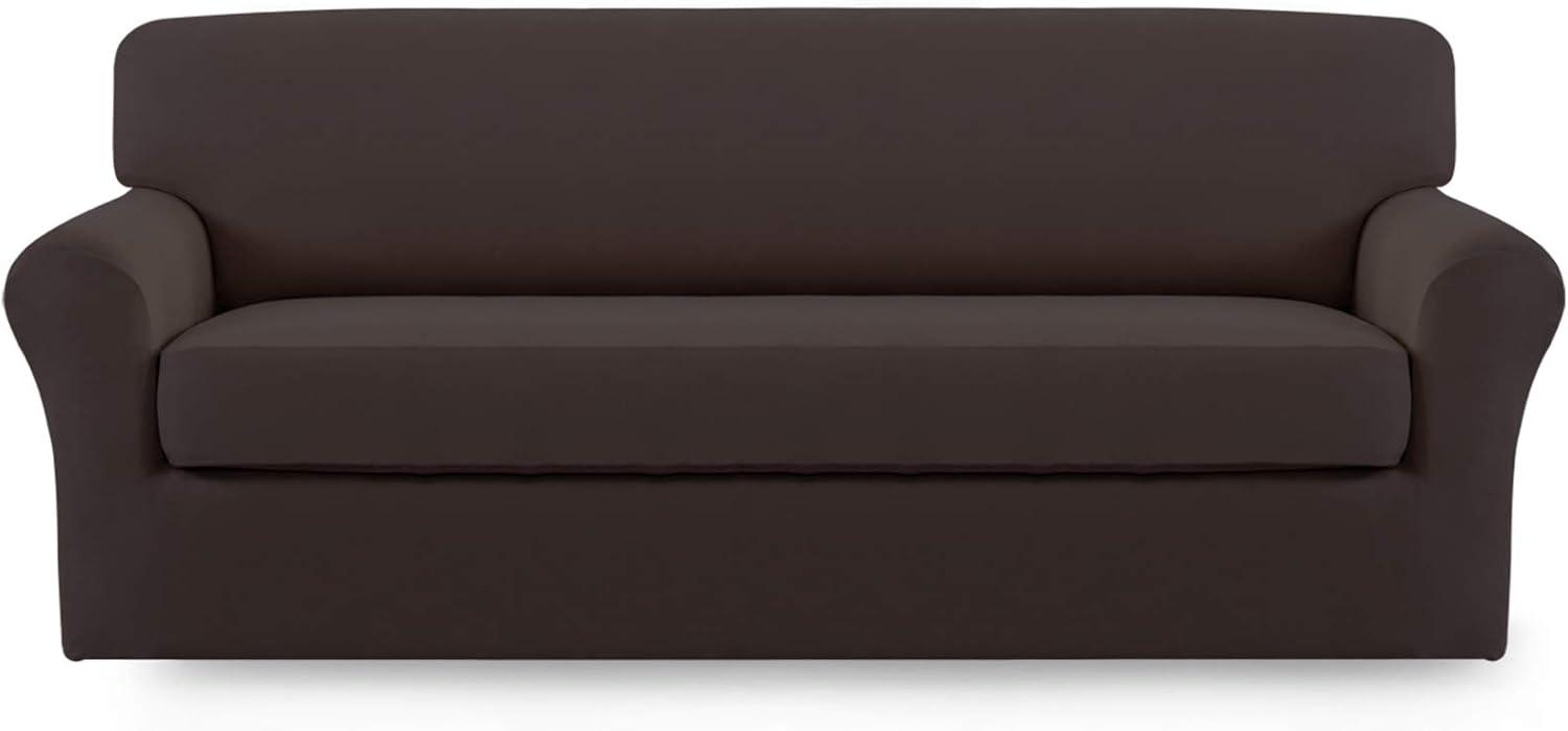 image:imageEasyGoing 2 Pieces Microfiber Stretch Sofa Slipcover Spandex Soft Fitted Sofa Couch Cover Washable Furniture Protector with Elastic Bottom KidsPet Oversized Sofa Dark GrayChocolate