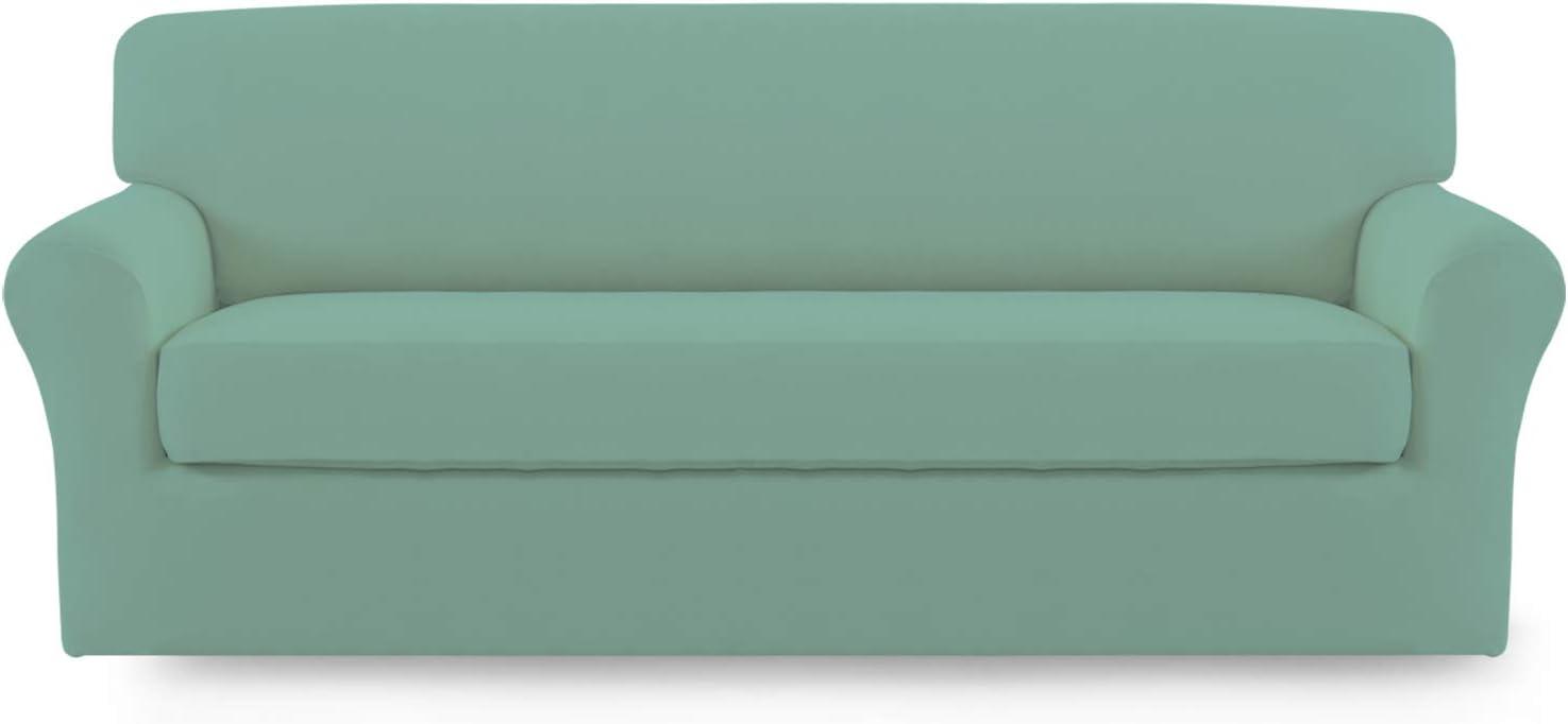 image:imageEasyGoing 2 Pieces Microfiber Stretch Sofa Slipcover Spandex Soft Fitted Sofa Couch Cover Washable Furniture Protector with Elastic Bottom KidsPet Oversized Sofa Light GrayCyan