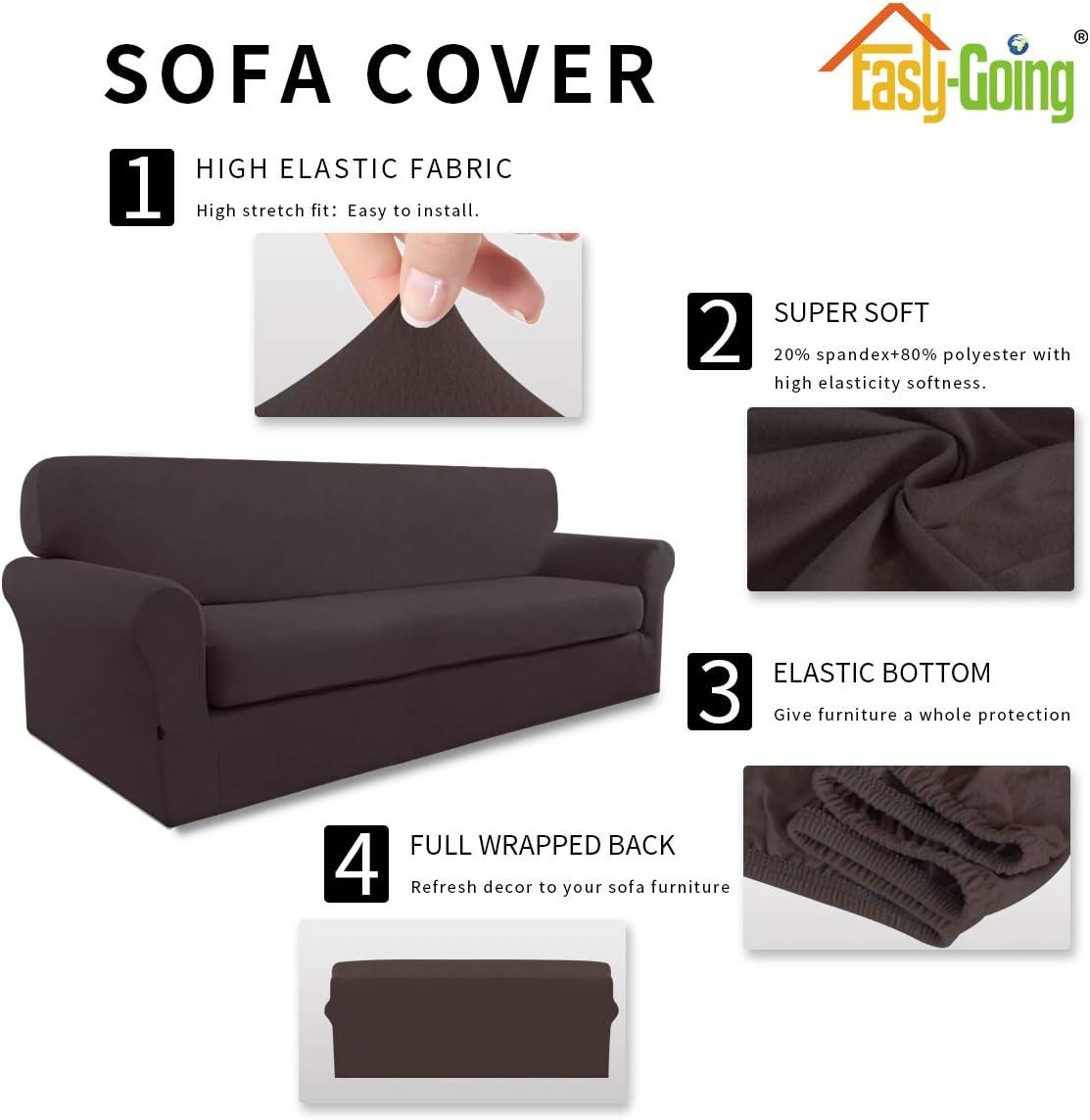 image:imageEasyGoing 2 Pieces Microfiber Stretch Sofa Slipcover Spandex Soft Fitted Sofa Couch Cover Washable Furniture Protector with Elastic Bottom KidsPet Oversized Sofa Dark GrayChocolate
