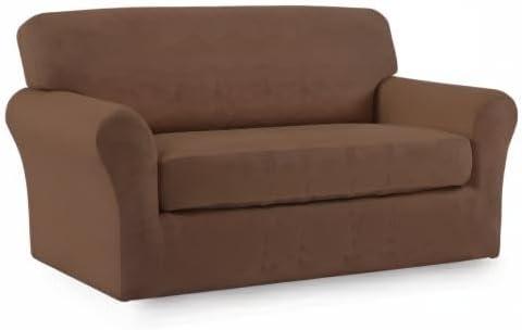 image:imageEasyGoing 2 Pieces Microfiber Stretch Sofa Slipcover Spandex Soft Fitted Sofa Couch Cover Washable Furniture Protector with Elastic Bottom KidsPet Oversized Sofa Dark GrayBrown