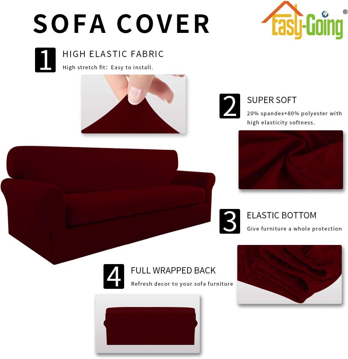 image:imageEasyGoing 2 Pieces Microfiber Stretch Sofa Slipcover Spandex Soft Fitted Sofa Couch Cover Washable Furniture Protector with Elastic Bottom KidsPet Oversized Sofa Dark GrayWine