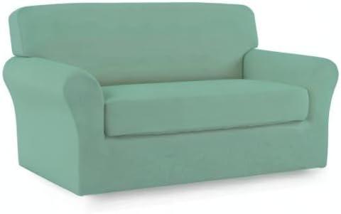 image:imageEasyGoing 2 Pieces Microfiber Stretch Sofa Slipcover Spandex Soft Fitted Sofa Couch Cover Washable Furniture Protector with Elastic Bottom KidsPet Oversized Sofa Light GrayCyan