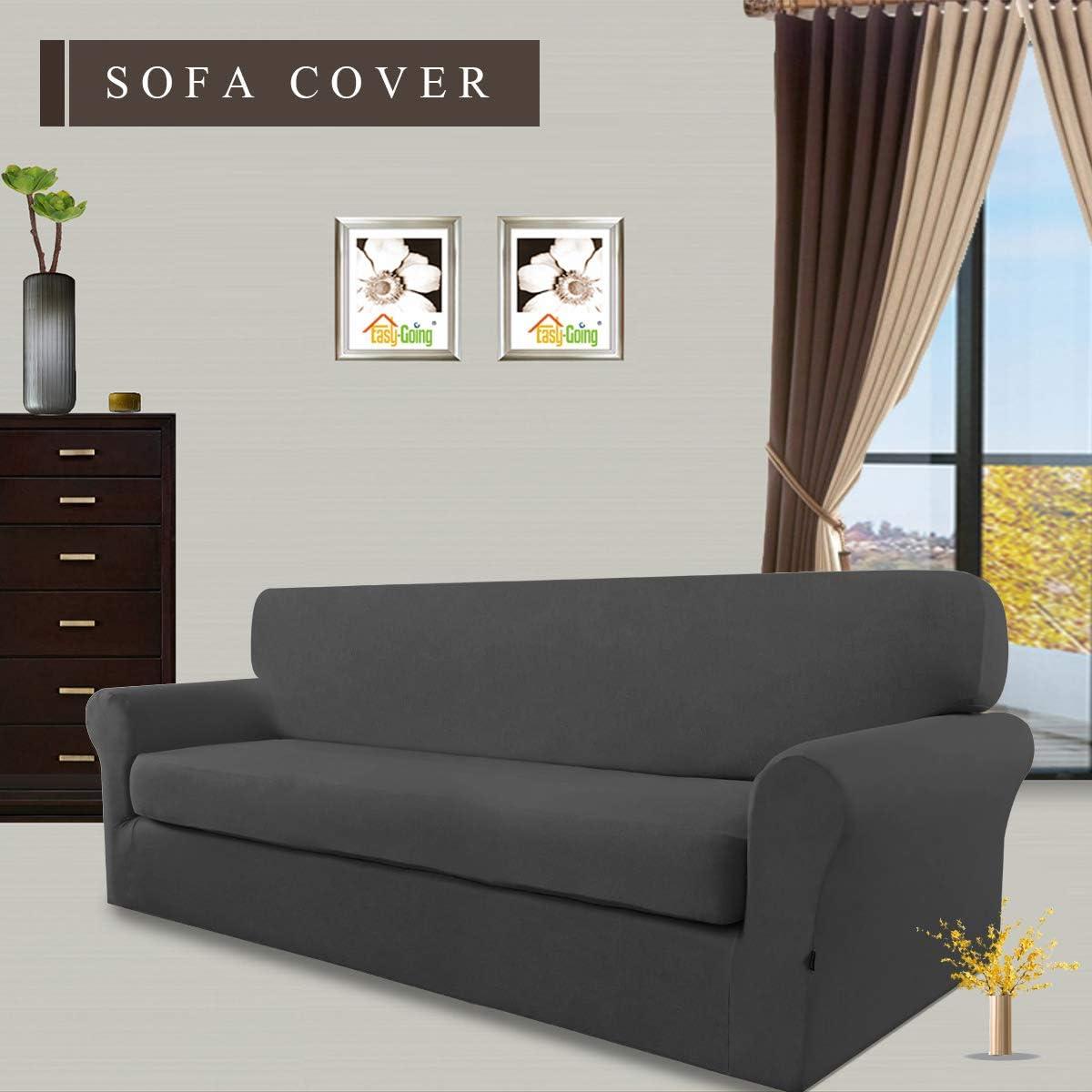 image:imageEasyGoing 2 Pieces Microfiber Stretch Sofa Slipcover Spandex Soft Fitted Sofa Couch Cover Washable Furniture Protector with Elastic Bottom KidsPet Oversized Sofa Light GrayDark Gray