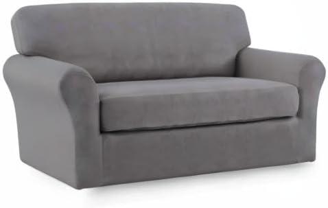 image:imageEasyGoing 2 Pieces Microfiber Stretch Sofa Slipcover Spandex Soft Fitted Sofa Couch Cover Washable Furniture Protector with Elastic Bottom KidsPet Oversized Sofa Dark GrayLightgray