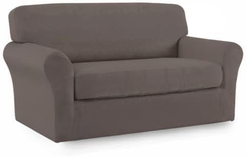 image:imageEasyGoing 2 Pieces Microfiber Stretch Sofa Slipcover Spandex Soft Fitted Sofa Couch Cover Washable Furniture Protector with Elastic Bottom KidsPet Oversized Sofa Light GrayTaupe