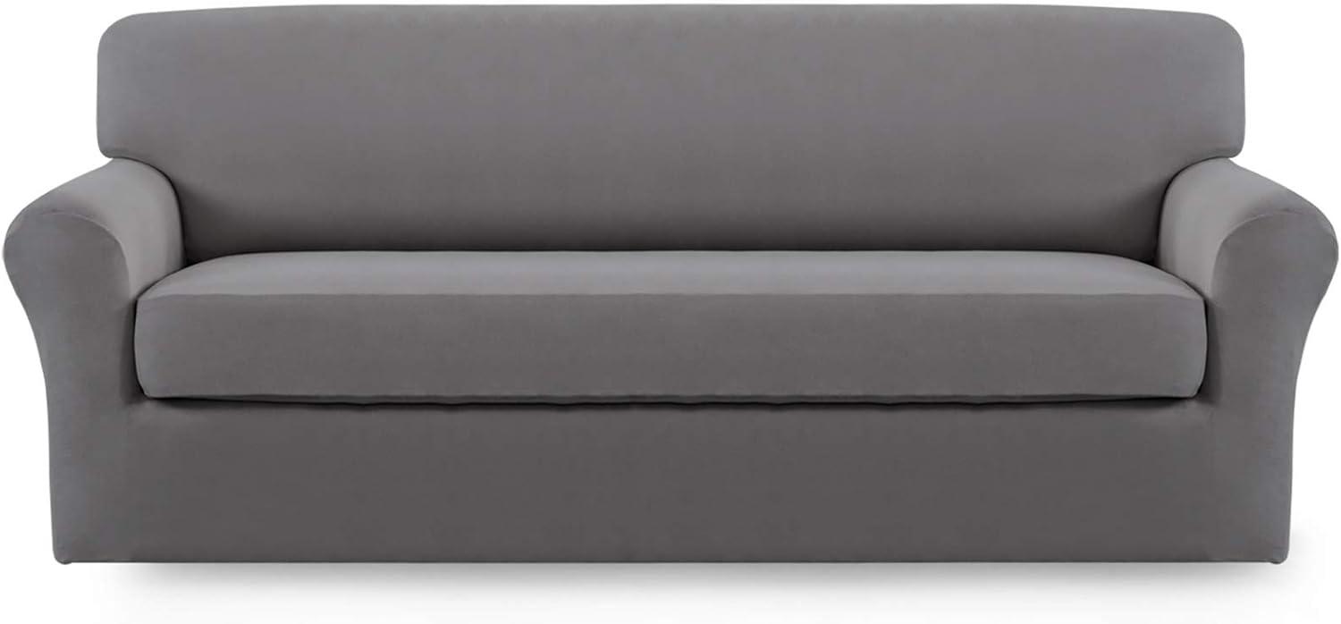 image:imageEasyGoing 2 Pieces Microfiber Stretch Sofa Slipcover Spandex Soft Fitted Sofa Couch Cover Washable Furniture Protector with Elastic Bottom KidsPet Oversized Sofa Dark GrayLightgray
