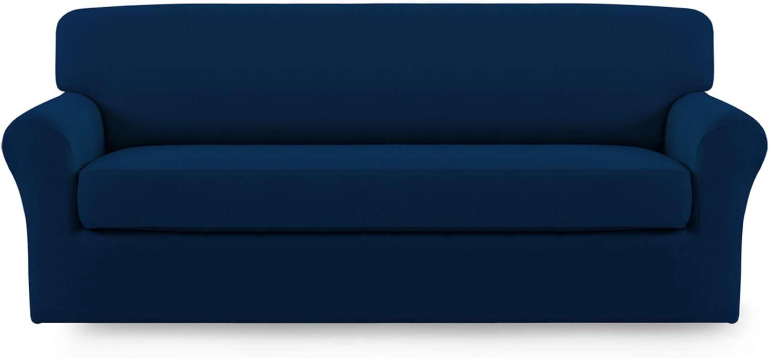 image:imageEasyGoing 2 Pieces Microfiber Stretch Sofa Slipcover Spandex Soft Fitted Sofa Couch Cover Washable Furniture Protector with Elastic Bottom KidsPet Oversized Sofa Dark GrayNavy