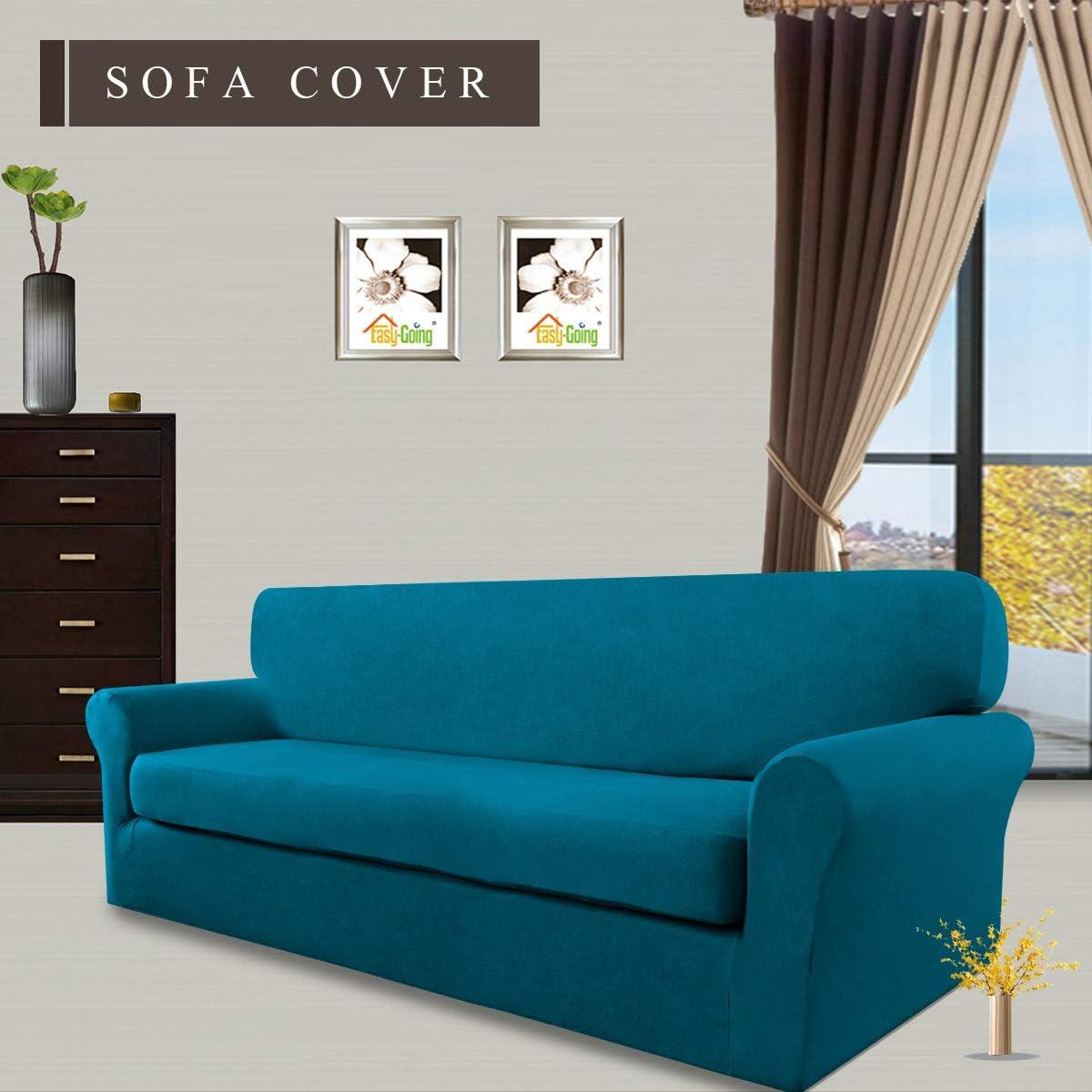 image:imageEasyGoing 2 Pieces Microfiber Stretch Sofa Slipcover Spandex Soft Fitted Sofa Couch Cover Washable Furniture Protector with Elastic Bottom KidsPet Oversized Sofa Light GrayPeacockblue