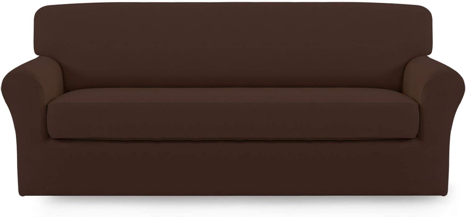 image:imageEasyGoing 2 Pieces Microfiber Stretch Sofa Slipcover Spandex Soft Fitted Sofa Couch Cover Washable Furniture Protector with Elastic Bottom KidsPet Oversized Sofa Dark GrayCoffee