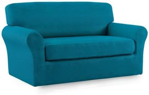 image:imageEasyGoing 2 Pieces Microfiber Stretch Sofa Slipcover Spandex Soft Fitted Sofa Couch Cover Washable Furniture Protector with Elastic Bottom KidsPet Oversized Sofa Light GrayPeacockblue