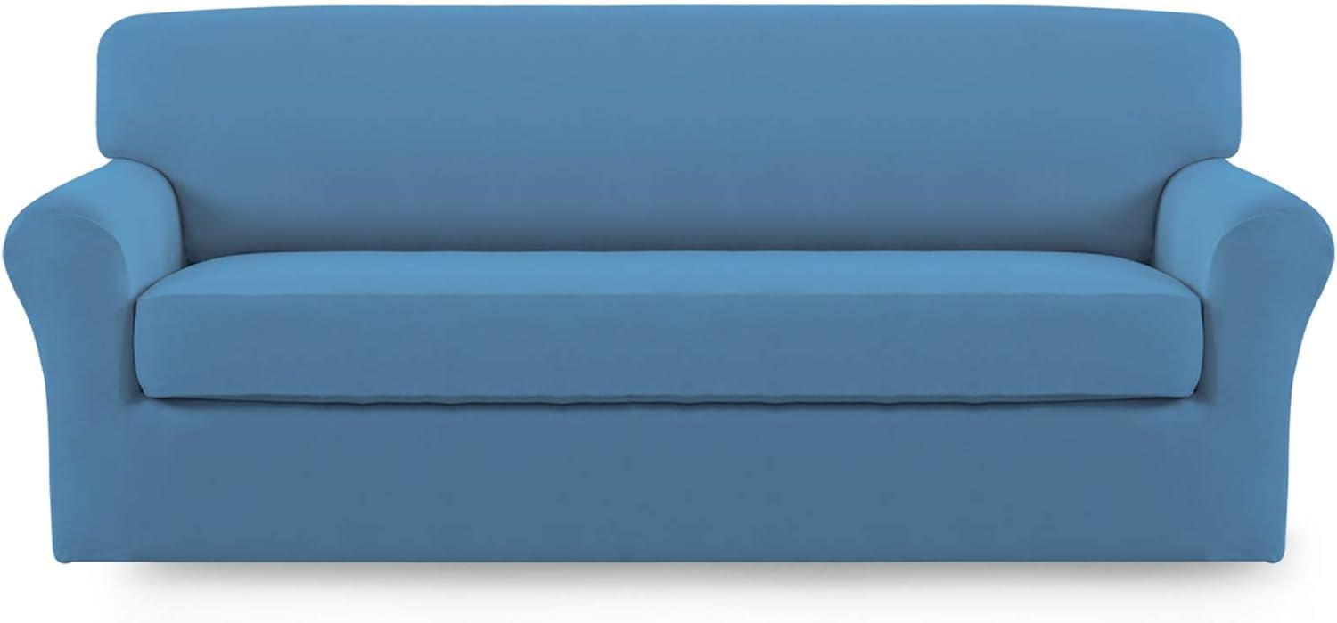 image:imageEasyGoing 2 Pieces Microfiber Stretch Sofa Slipcover Spandex Soft Fitted Sofa Couch Cover Washable Furniture Protector with Elastic Bottom KidsPet Oversized Sofa Dark GrayLightblue