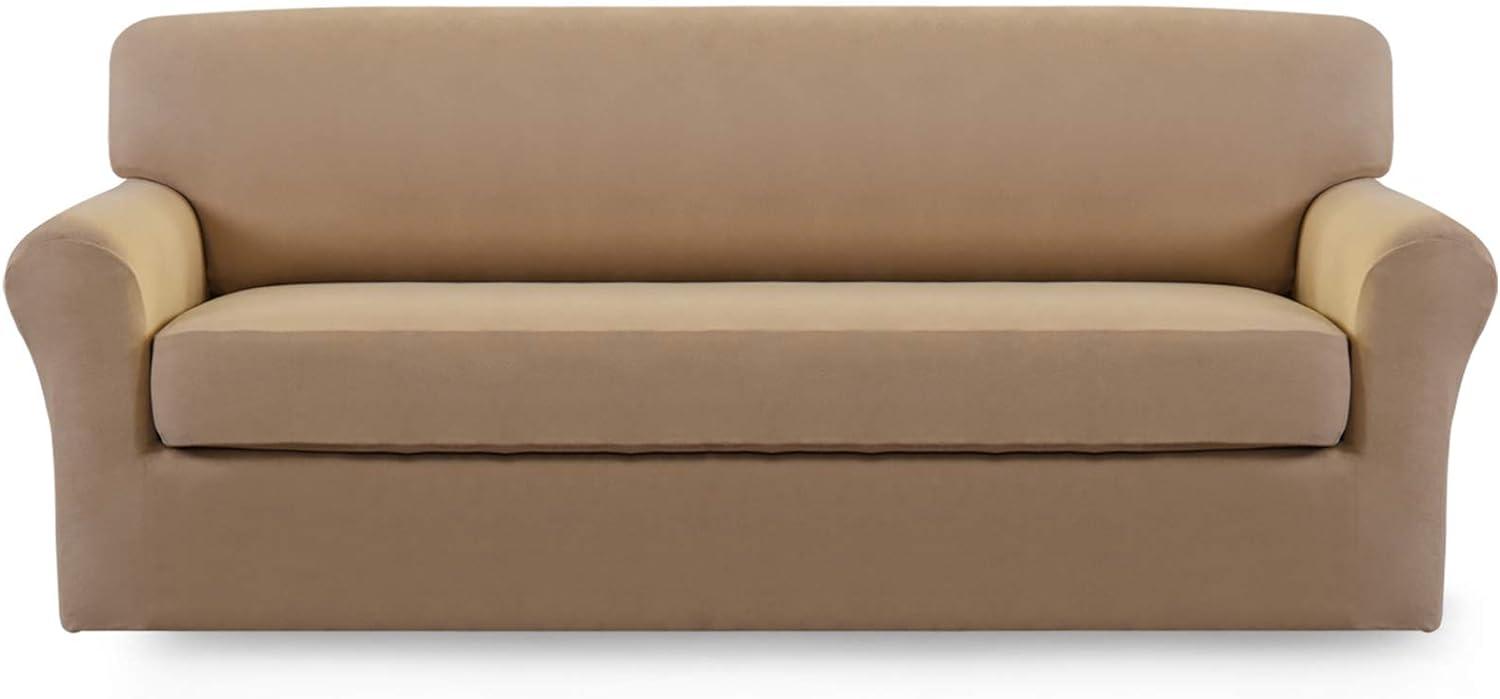 image:imageEasyGoing 2 Pieces Microfiber Stretch Sofa Slipcover Spandex Soft Fitted Sofa Couch Cover Washable Furniture Protector with Elastic Bottom KidsPet Oversized Sofa Dark GrayCamel