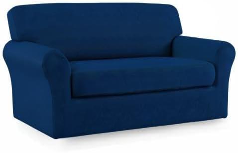 image:imageEasyGoing 2 Pieces Microfiber Stretch Sofa Slipcover Spandex Soft Fitted Sofa Couch Cover Washable Furniture Protector with Elastic Bottom KidsPet Oversized Sofa Light GrayNavy