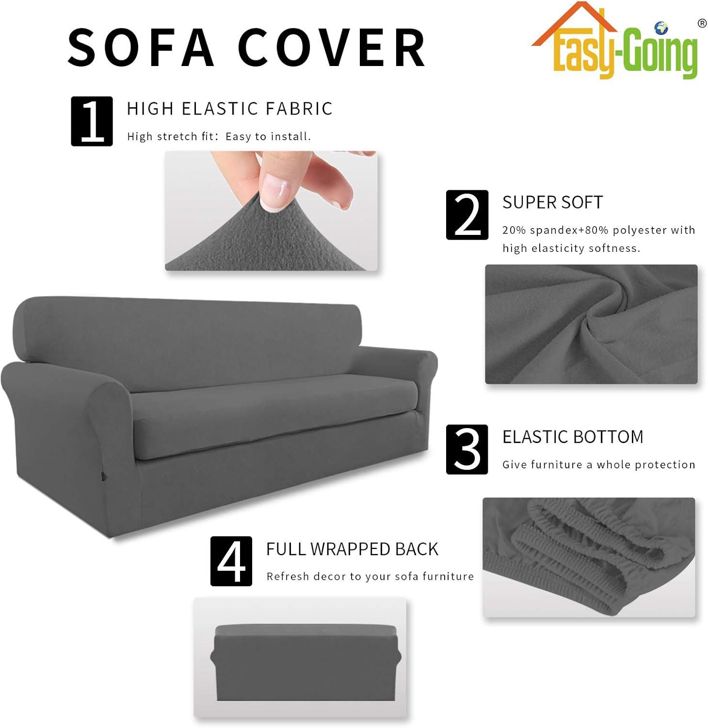 image:imageEasyGoing 2 Pieces Microfiber Stretch Sofa Slipcover Spandex Soft Fitted Sofa Couch Cover Washable Furniture Protector with Elastic Bottom KidsPet Oversized Sofa Dark GrayGrey