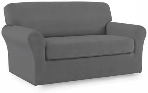 image:imageEasyGoing 2 Pieces Microfiber Stretch Sofa Slipcover Spandex Soft Fitted Sofa Couch Cover Washable Furniture Protector with Elastic Bottom KidsPet Oversized Sofa Light GrayGrey