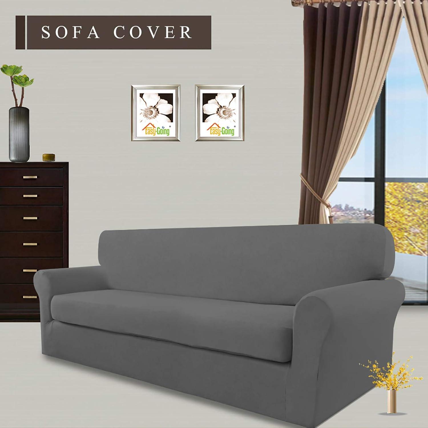 image:imageEasyGoing 2 Pieces Microfiber Stretch Sofa Slipcover Spandex Soft Fitted Sofa Couch Cover Washable Furniture Protector with Elastic Bottom KidsPet Oversized Sofa Light GrayGrey