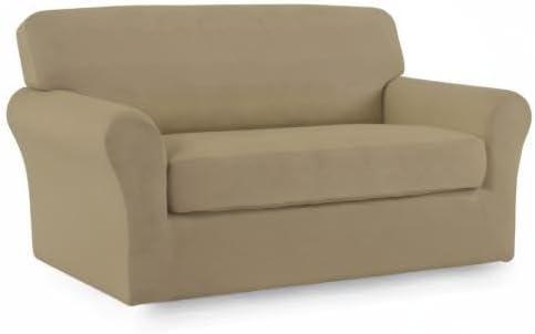 image:imageEasyGoing 2 Pieces Microfiber Stretch Sofa Slipcover Spandex Soft Fitted Sofa Couch Cover Washable Furniture Protector with Elastic Bottom KidsPet Oversized Sofa Dark GrayTan