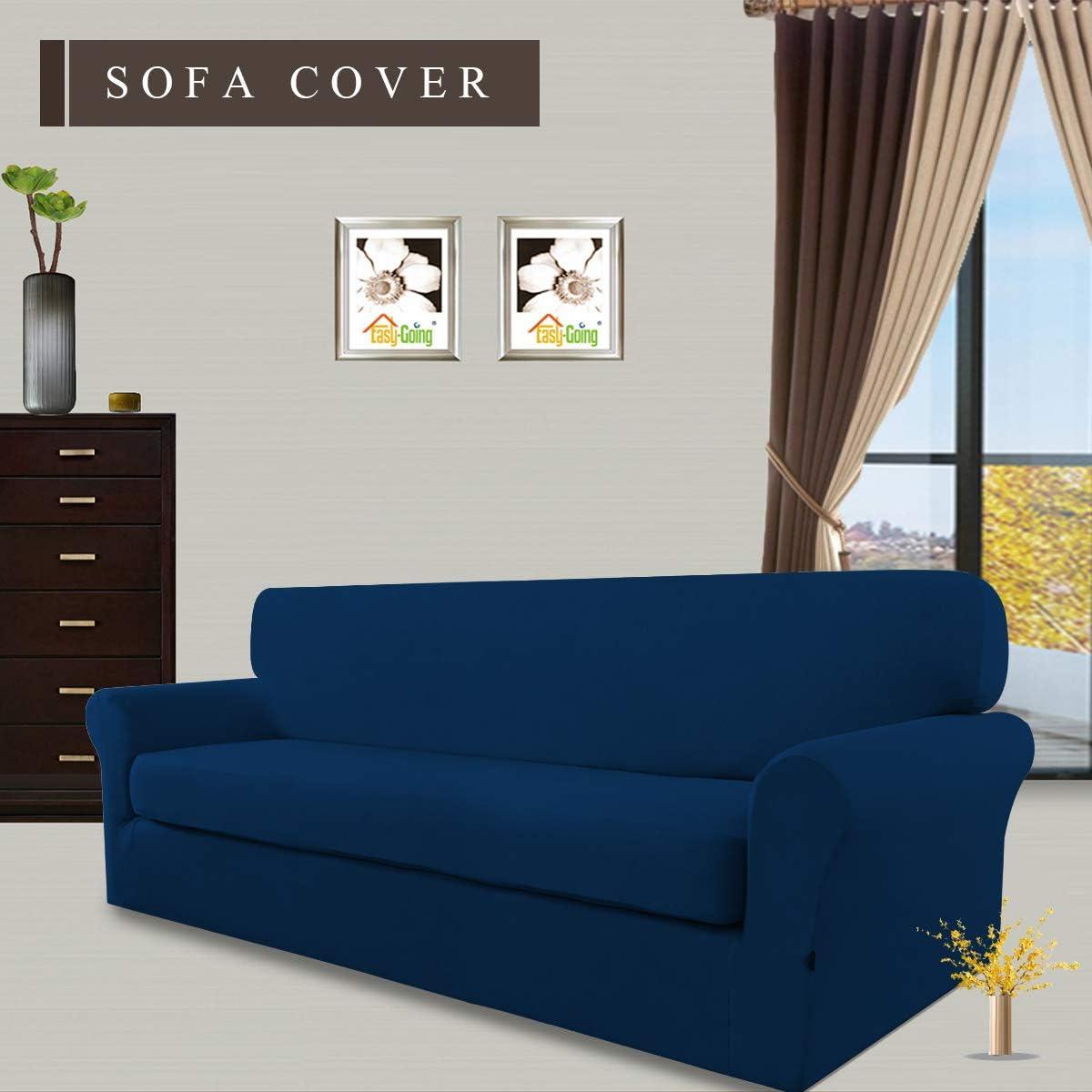 image:imageEasyGoing 2 Pieces Microfiber Stretch Sofa Slipcover Spandex Soft Fitted Sofa Couch Cover Washable Furniture Protector with Elastic Bottom KidsPet Oversized Sofa Light GrayNavy