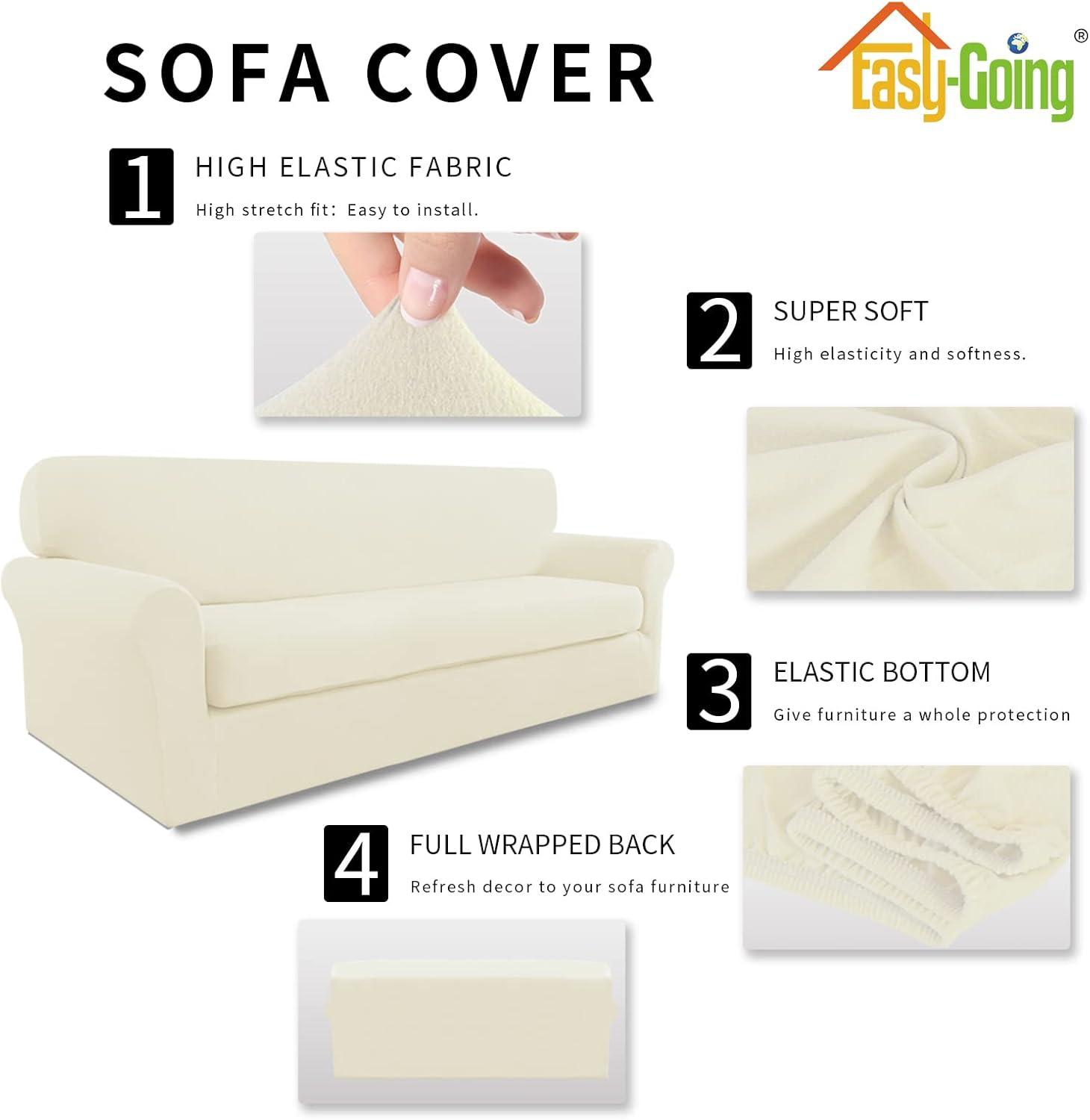 image:imageEasyGoing 2 Pieces Microfiber Stretch Sofa Slipcover Spandex Soft Fitted Sofa Couch Cover Washable Furniture Protector with Elastic Bottom KidsPet Oversized Sofa Light GrayIvory